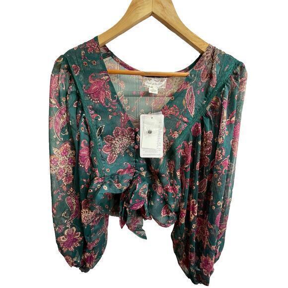 NWT Band of the Free Women XS Paisley Tie Front‎ Crop Top Boho Chic Western - Picture 2 of 12